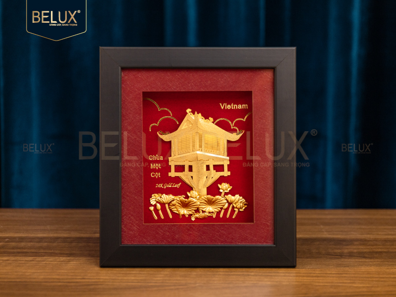 Tranh Chùa Một Cột Dát Vàng 24k 20x18cm